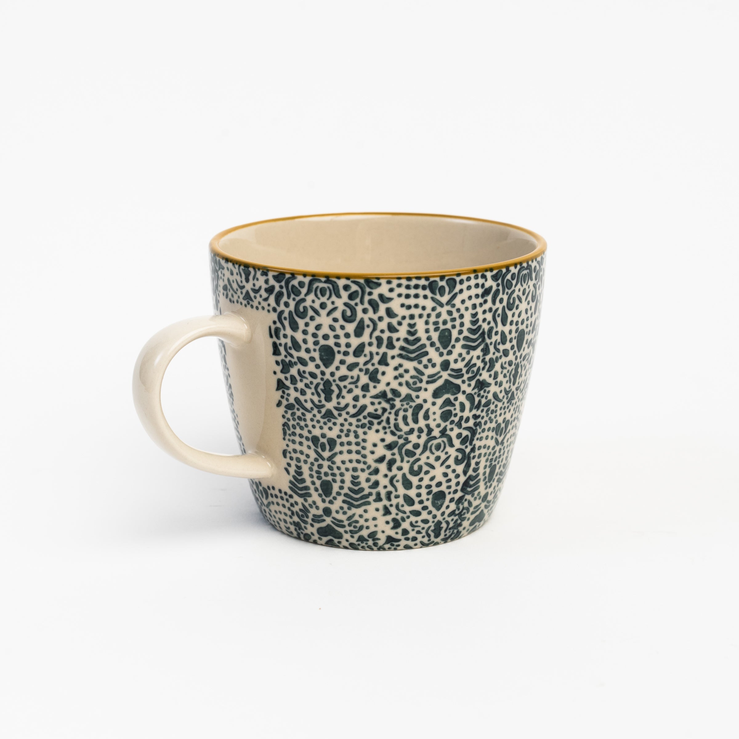 Indigo Meadow Hand Stamped Mug on a white background at Addison West
