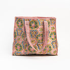 Hand Block Print Tote in Pink and Green on a white background at Addison West