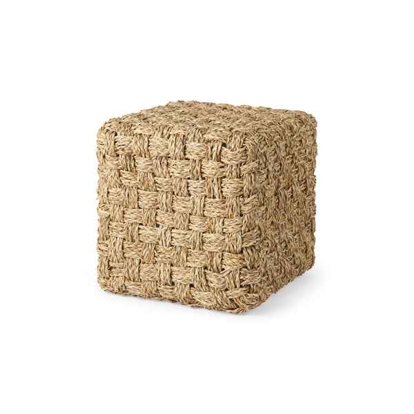 17.7" Square Light Brown Seagrass Woven Square Pouf on a white background