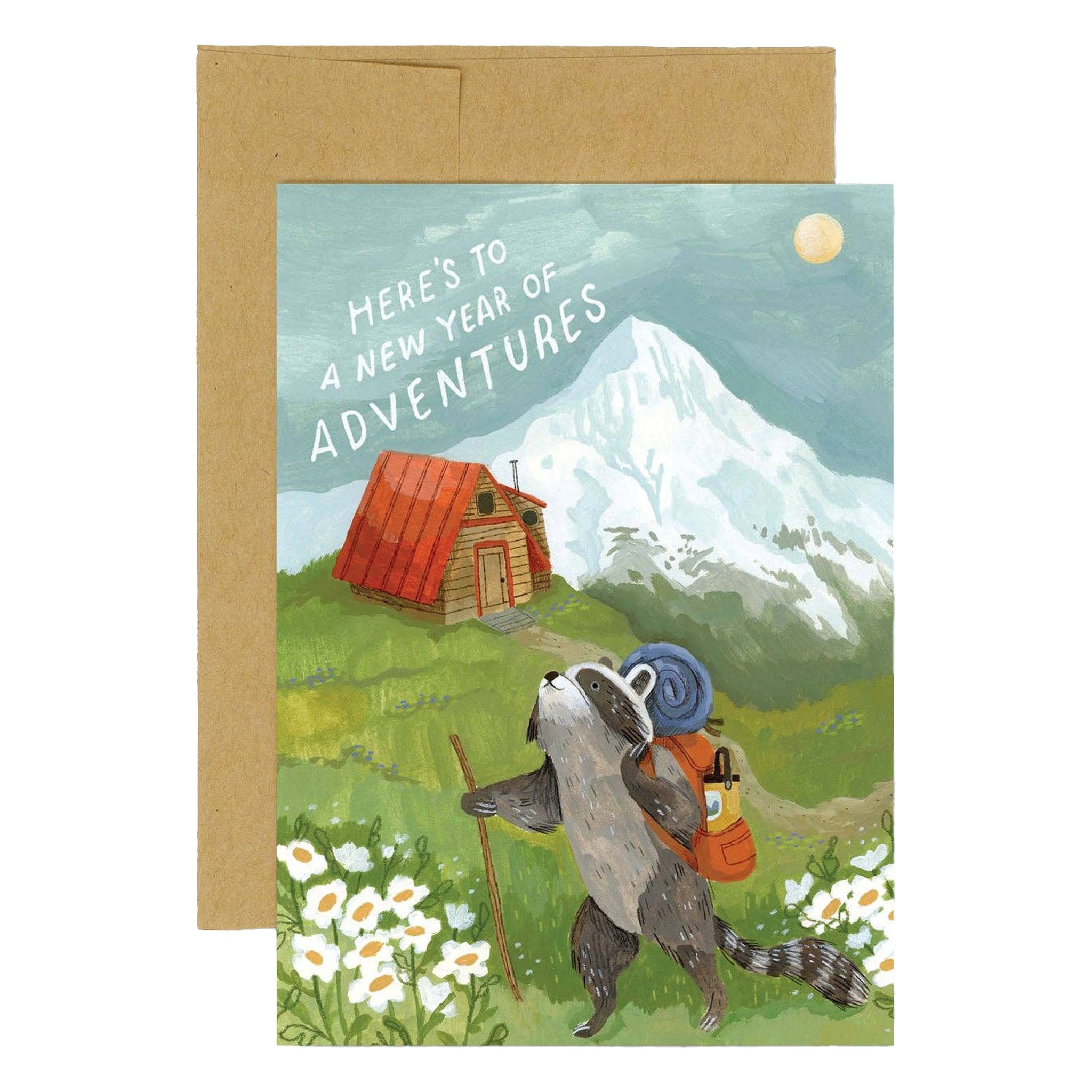 Illustrated birthday greeting card with raccoon by mountains and words 'here;s to a new year of adventures' on a white background