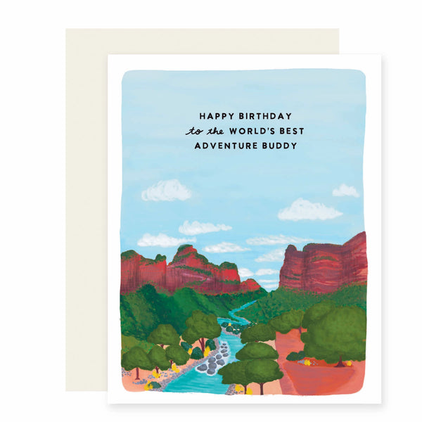 Adventure Buddy Greeting Card with illustration of river and canyons on a white background