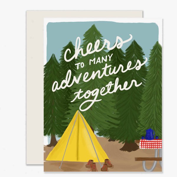 Adventures Together Wedding Greeting Card with illustration of tent in the woods on a white background