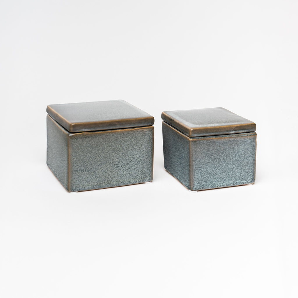 Set of two blue stoneware boxes with removable lids