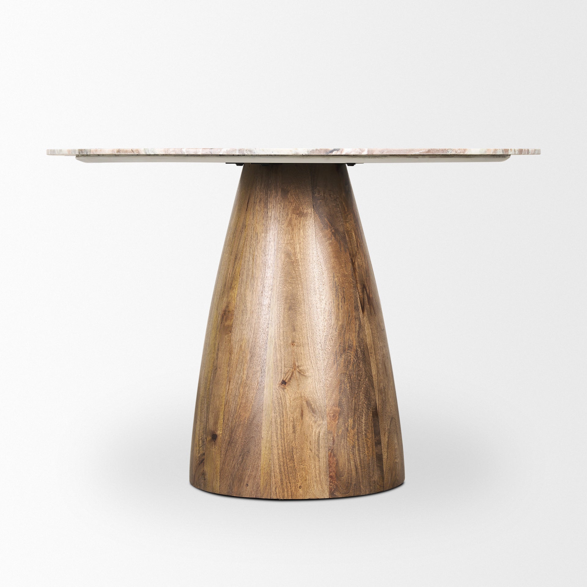 Allyson Round Medium Brown w/ Pink Marble Pedestal Dining Table on a white background