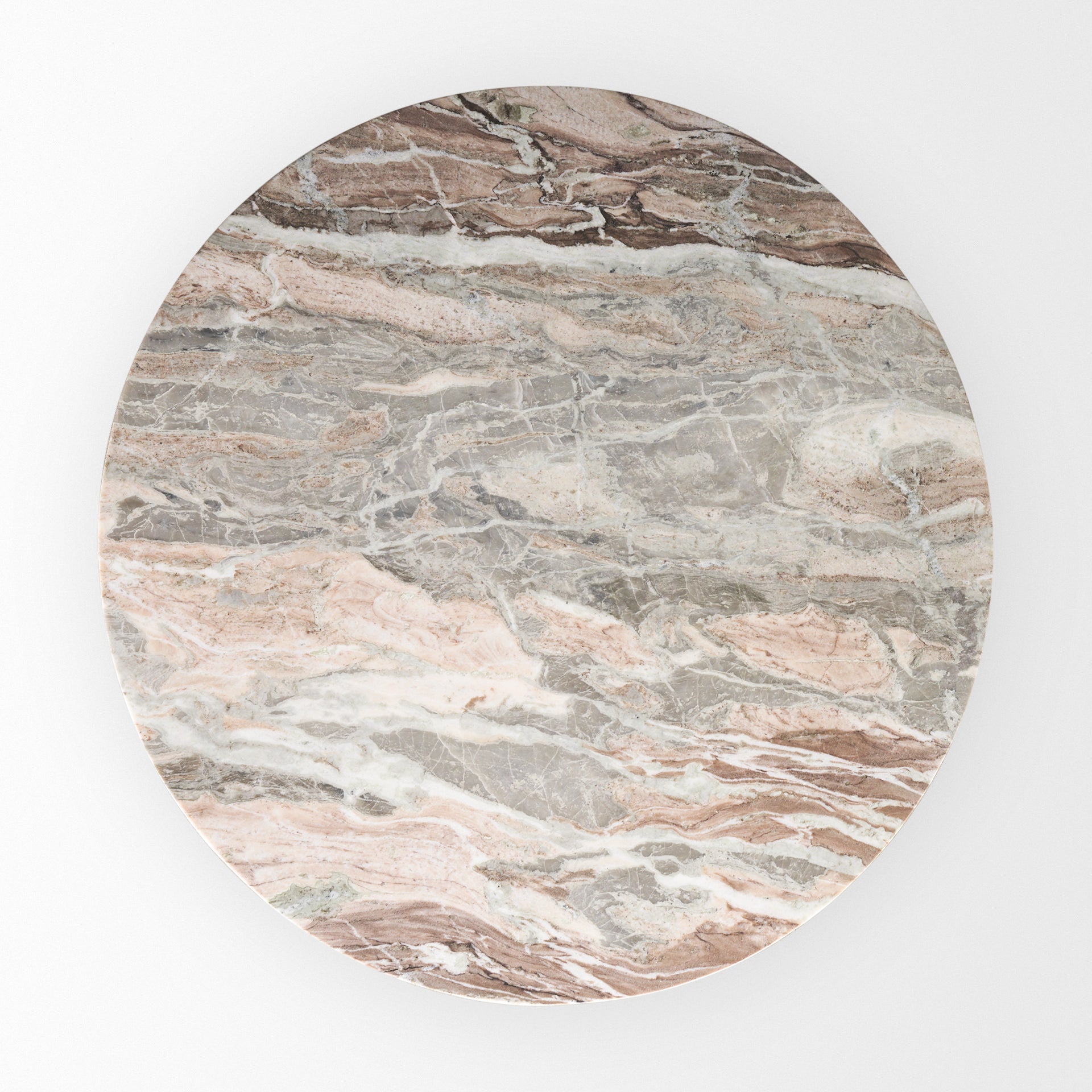 Allyson Round Medium Brown w/ Pink Marble Pedestal Dining Table on a white background