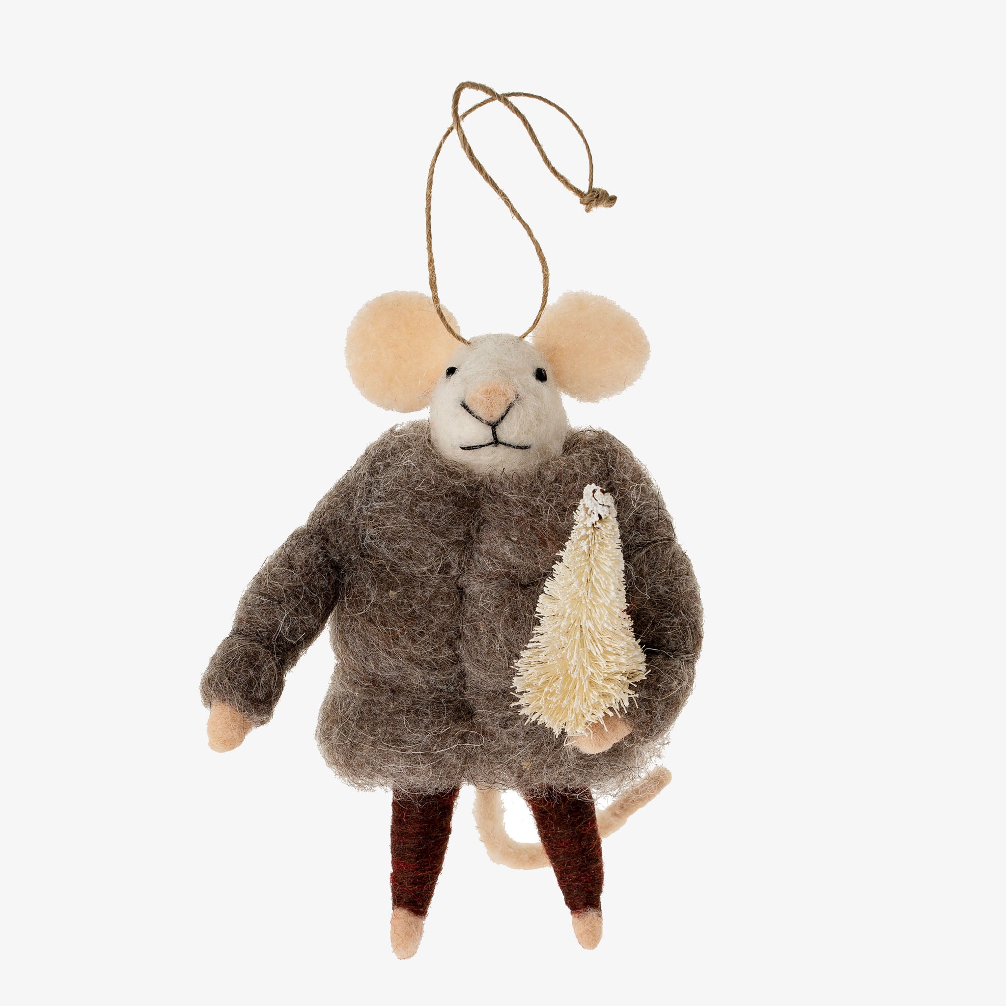 Indaba brand 'alpine alexander' felted mouse onrmanet with bottle brush tree on a white background