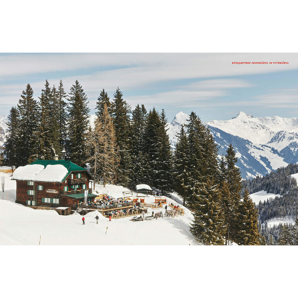 Inside pages of book 'alpine cooking' showing a ski chalet in europe