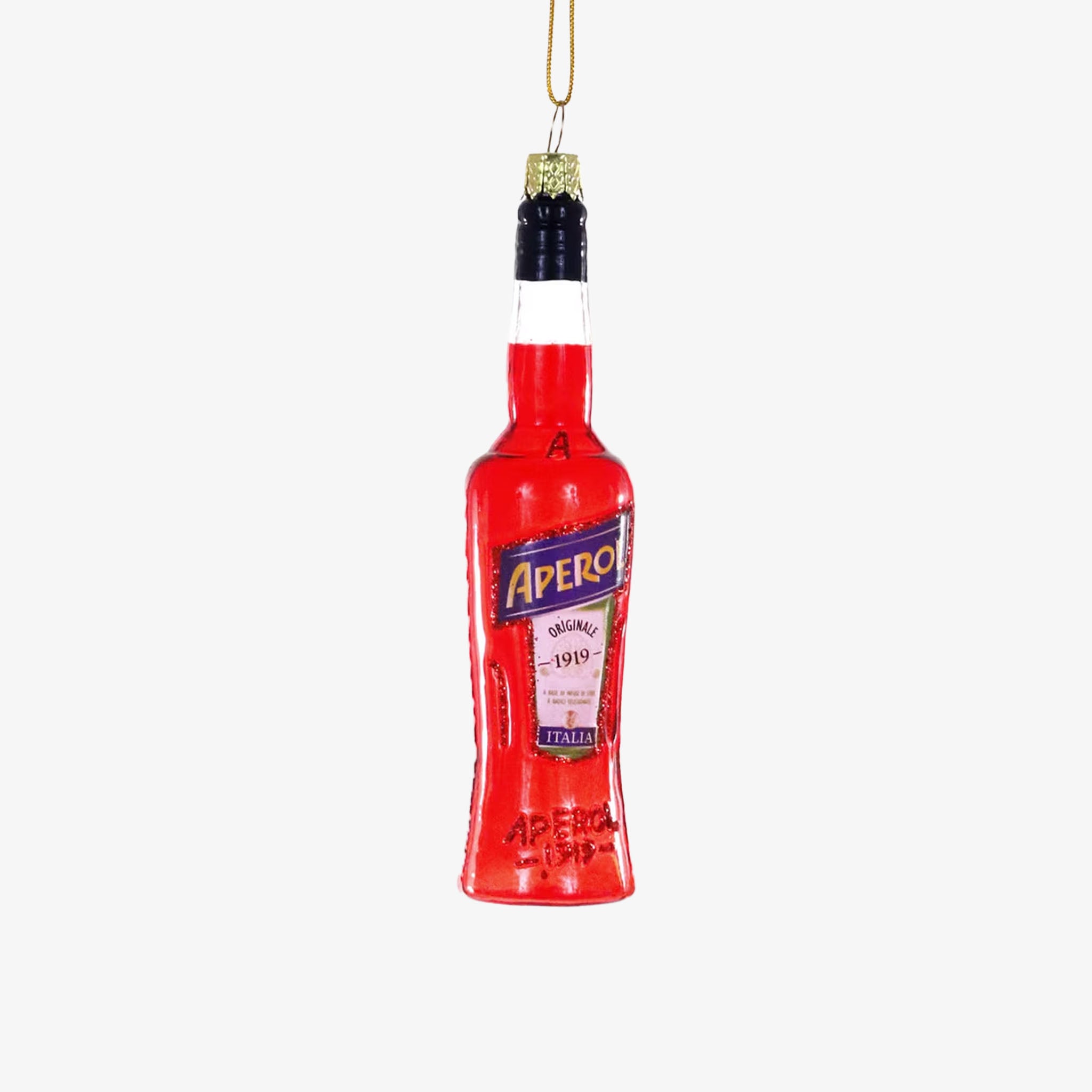 A red Aperol bottle-shaped Christmas ornament with blue and white details.