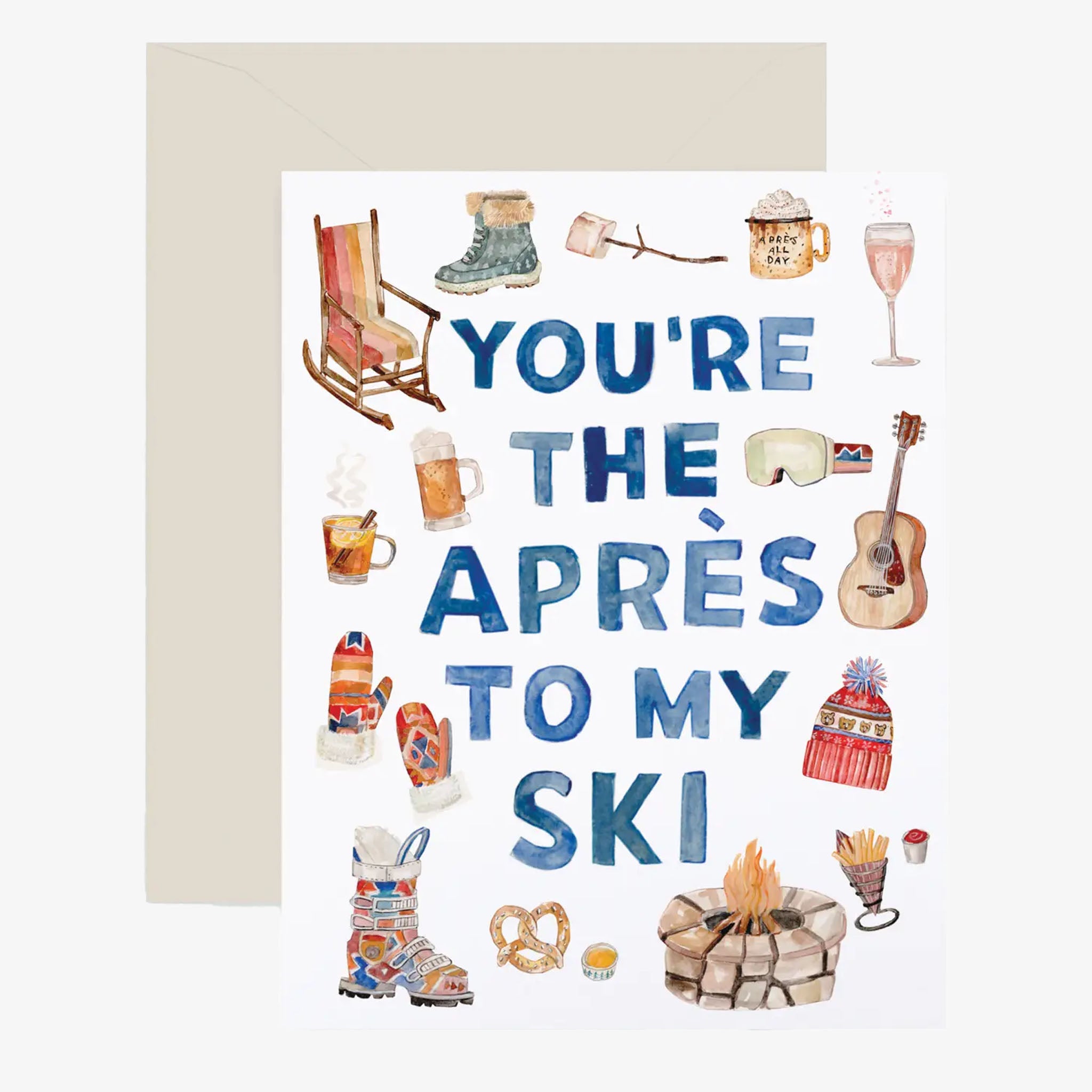 Greeting card with skiing and après-ski-themed illustrations and text on a white background.
