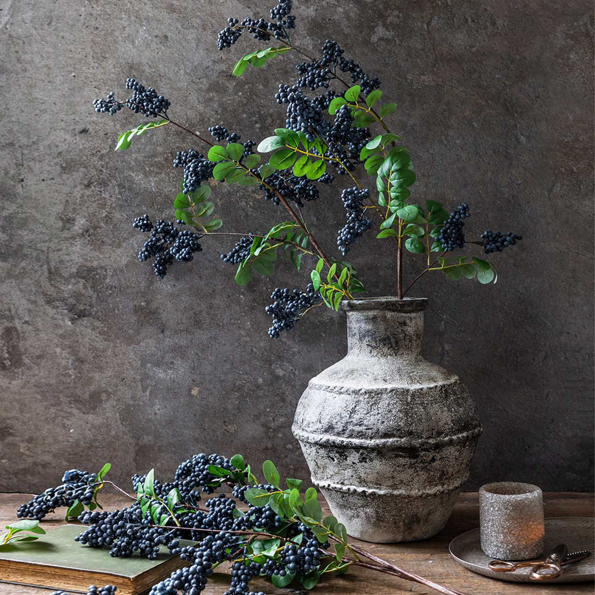 Abigail Ahern Artificial Bilberry Branch on a grey background at Addison West