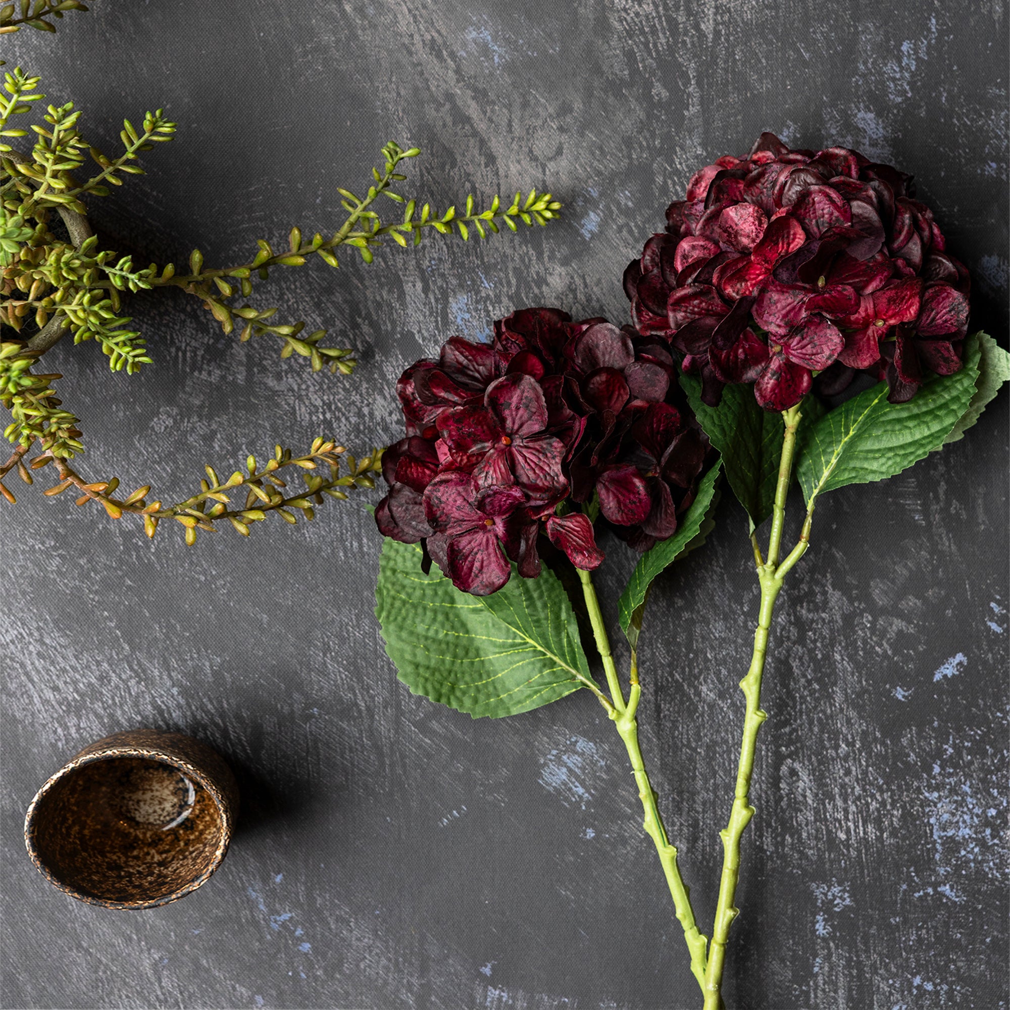 Abigail Ahern Faux Real Touch Hydrangea in Crimson on a grey background at Addison West