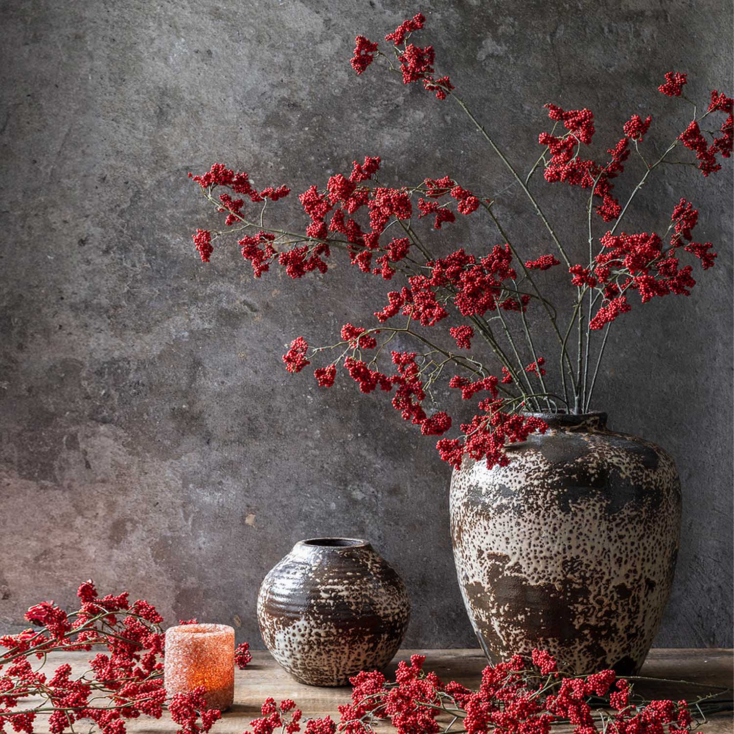 Abigail Ahern Artificial Wild Winter Berry in Ruby on a grey background at Addison West
