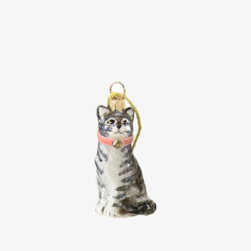 Grey stripe Kitten Christmas tree ornament on a white background