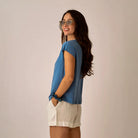 Astrid Hemp Tee in Captain shown on model on plain background.