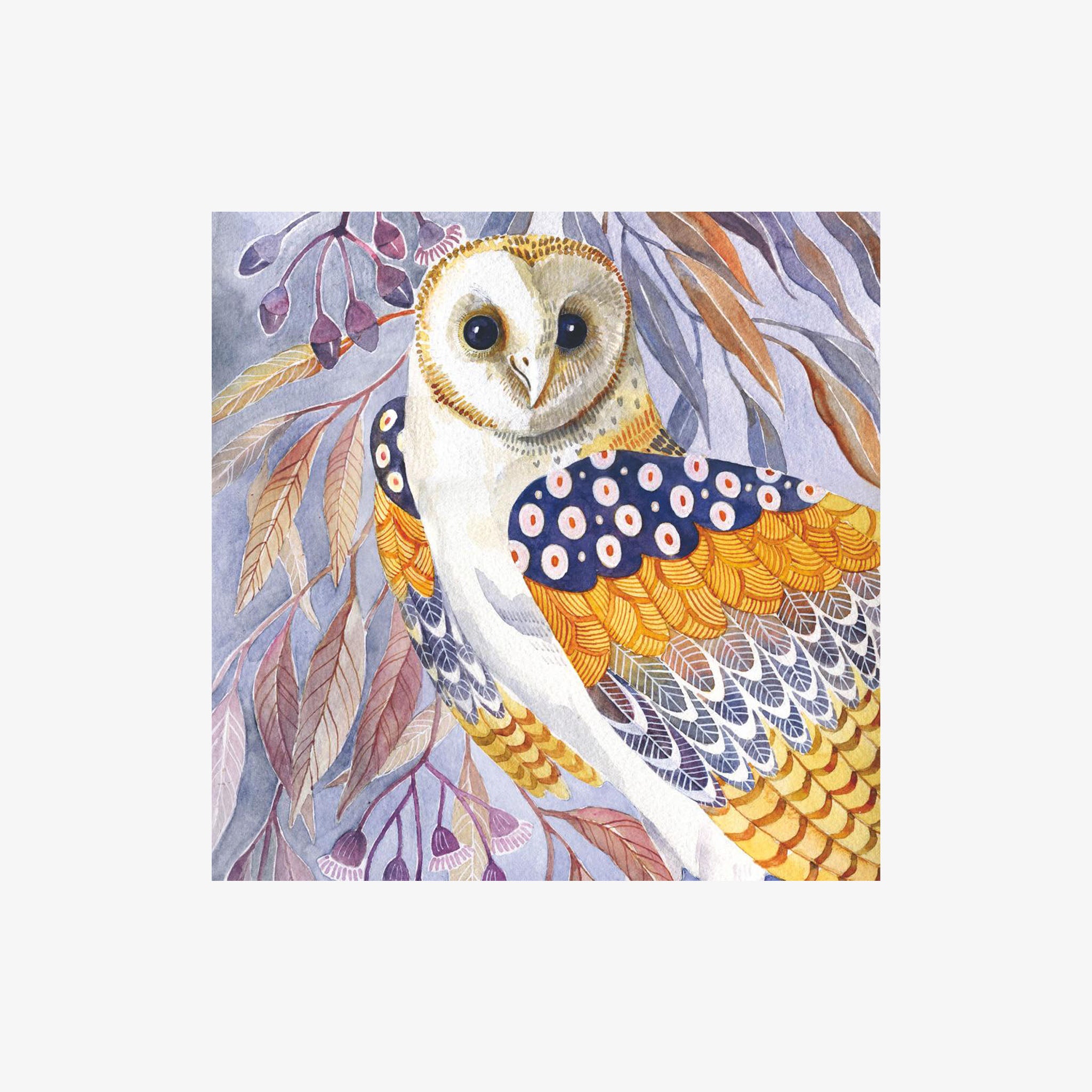 A cocktail napkin featuring a detailed illustration of an owl with a patterned body on a background of autumn leaves.