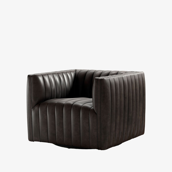 Four Hands Augustine Swivel Chair in Deacon Wolf black leather on a white background