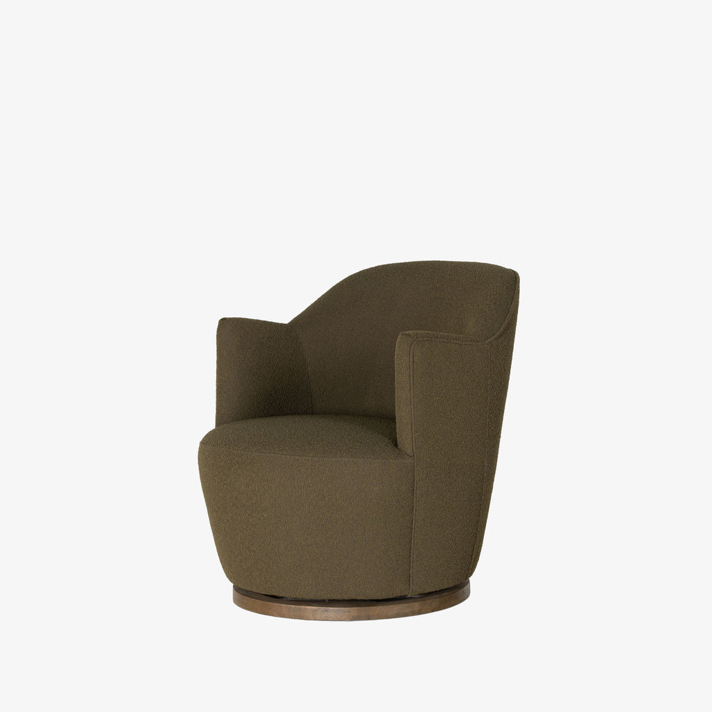 Four Hands brand Aurora swivel chair in olive boucle on a white background