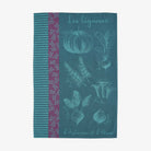 Blue and purple 'Les Legumes' tea towel by coucke with vegetable illustrations and text on a white background