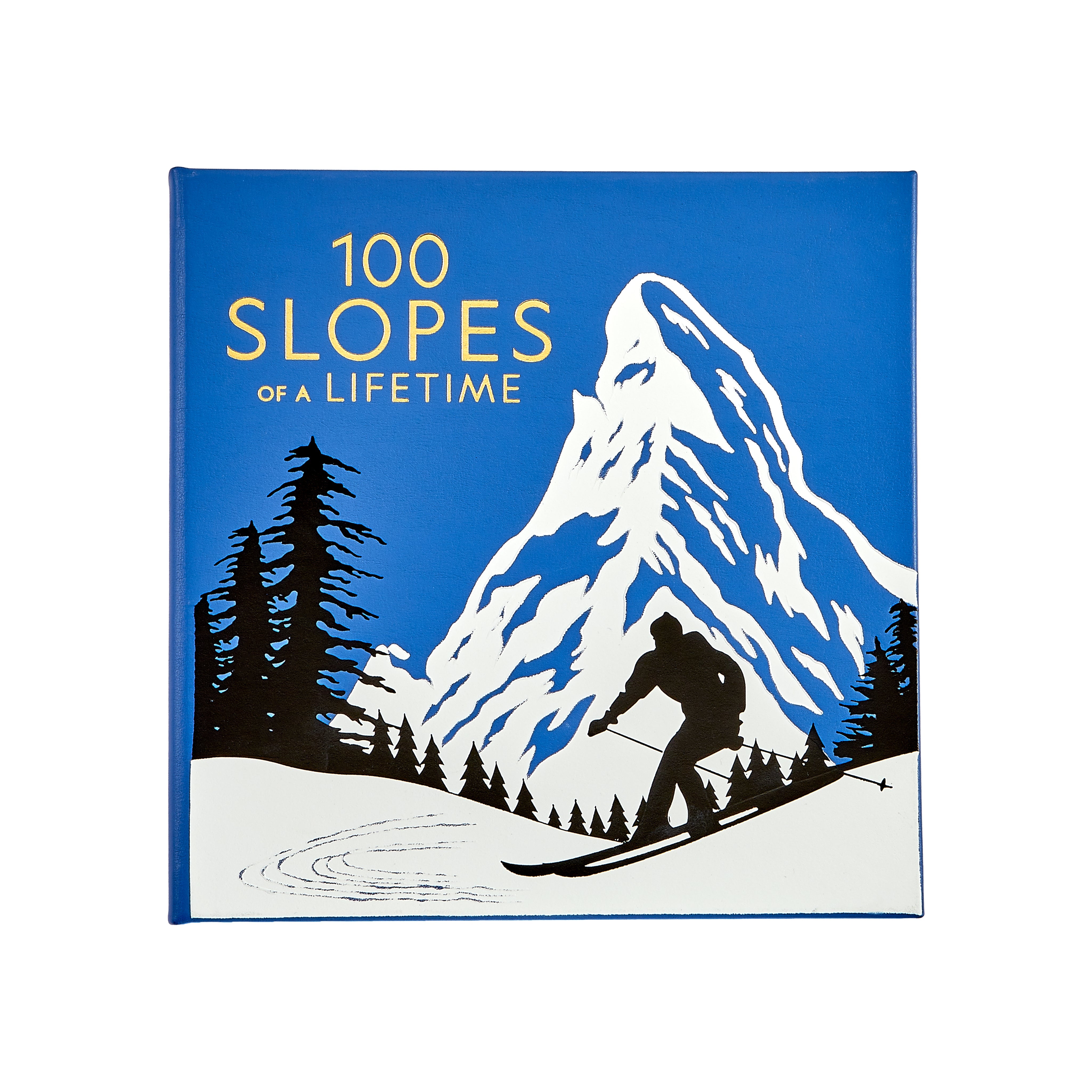 Book cover with a skier and mountain illustration and '100 Slopes of a Lifetime' text on a blue background.
