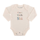 Baby Long Sleeve Graphic Organic Bodysuit in Crawl Walk Ski on a white background at Addison West