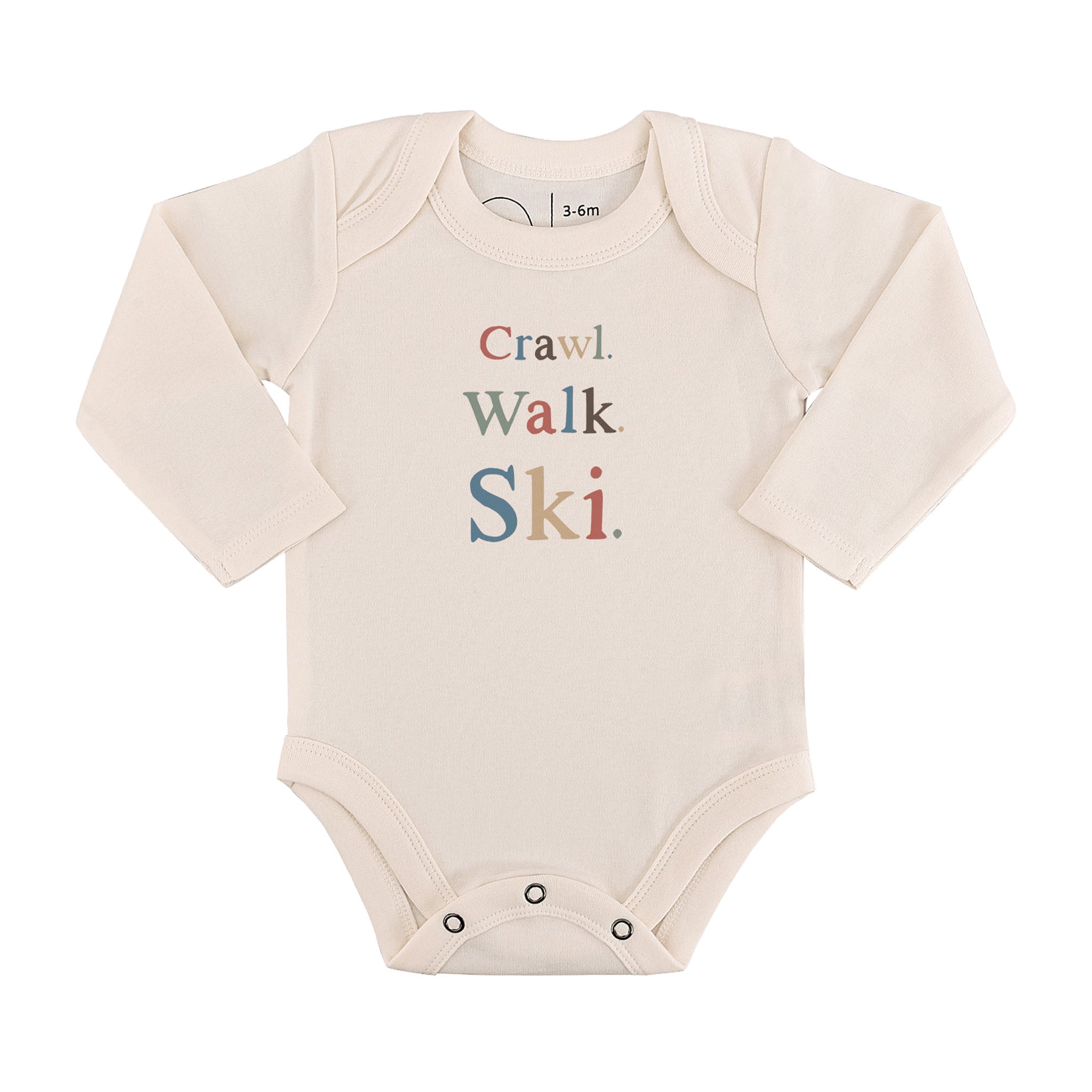 Baby Long Sleeve Graphic Organic Bodysuit in Crawl Walk Ski on a white background at Addison West
