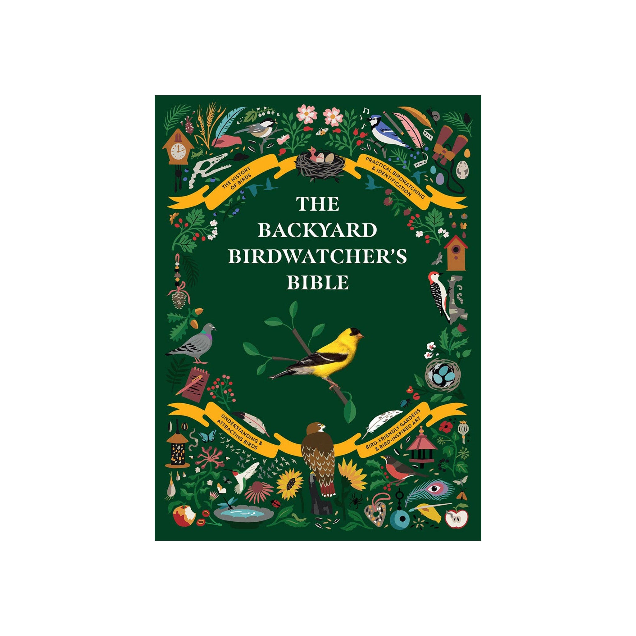 Book cover of 'The Backyard Birdwatcher's Bible' with illustrations of birds and nature on a green background.