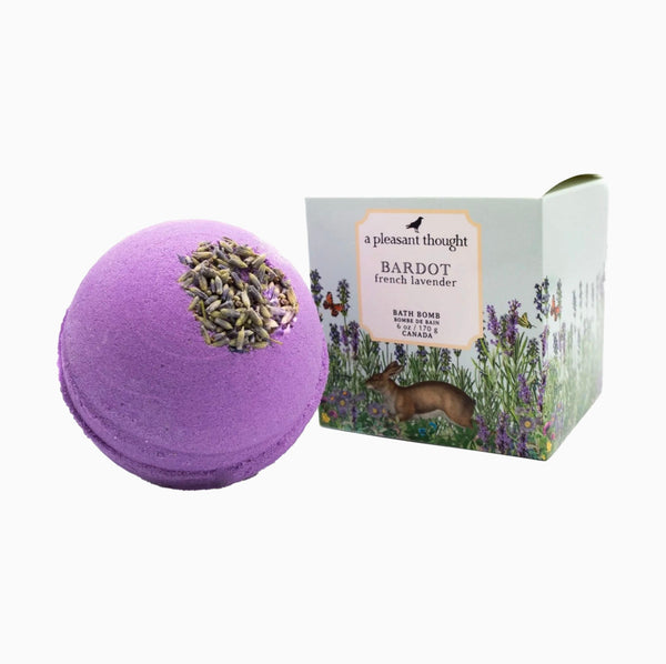 Bardot Lavender Bath Bomb and box by a pleasant thought brand on a white background