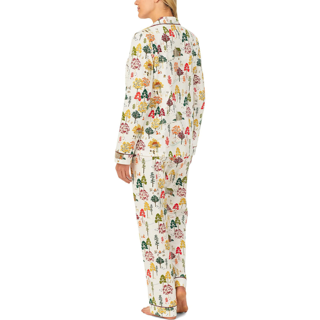Blond Model Wearing Bed Head Stretch Jersey PJ Set in Forest Retreat on a white background