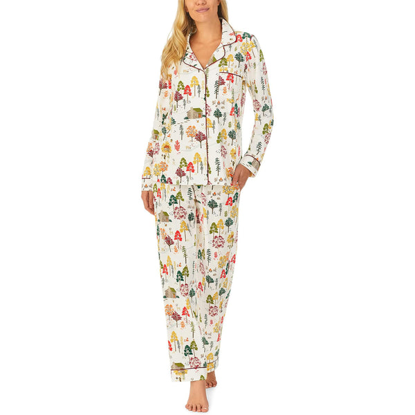 Blond Model Wearing Bed Head Stretch Jersey PJ Set in Forest Retreat on a white background