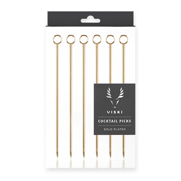 Viscki brand gold plated cocktail picks with ring in a set of six in a box on a white background