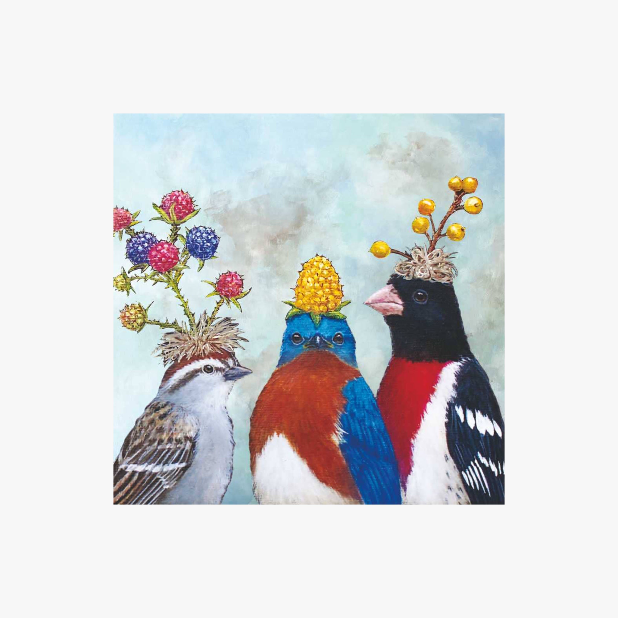 Berry Festival Cocktail Napkins with three birds with flower hats on a white background