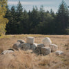 Collection of poufs in neutral colors in a field with dried grass