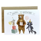Illustrated Happy Birthday greeting card with bear and raccoon and rabbit on a white backgrounrabbit 