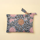 Block Print Pouch in Blue on a beige background at Addison West