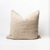 Neutral woven 24 inch by 24 inch pillow with down insert on a white backrgound