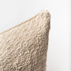 Close up of Neutral woven 24 inch by 24 inch pillow with down insert on a white backrgound