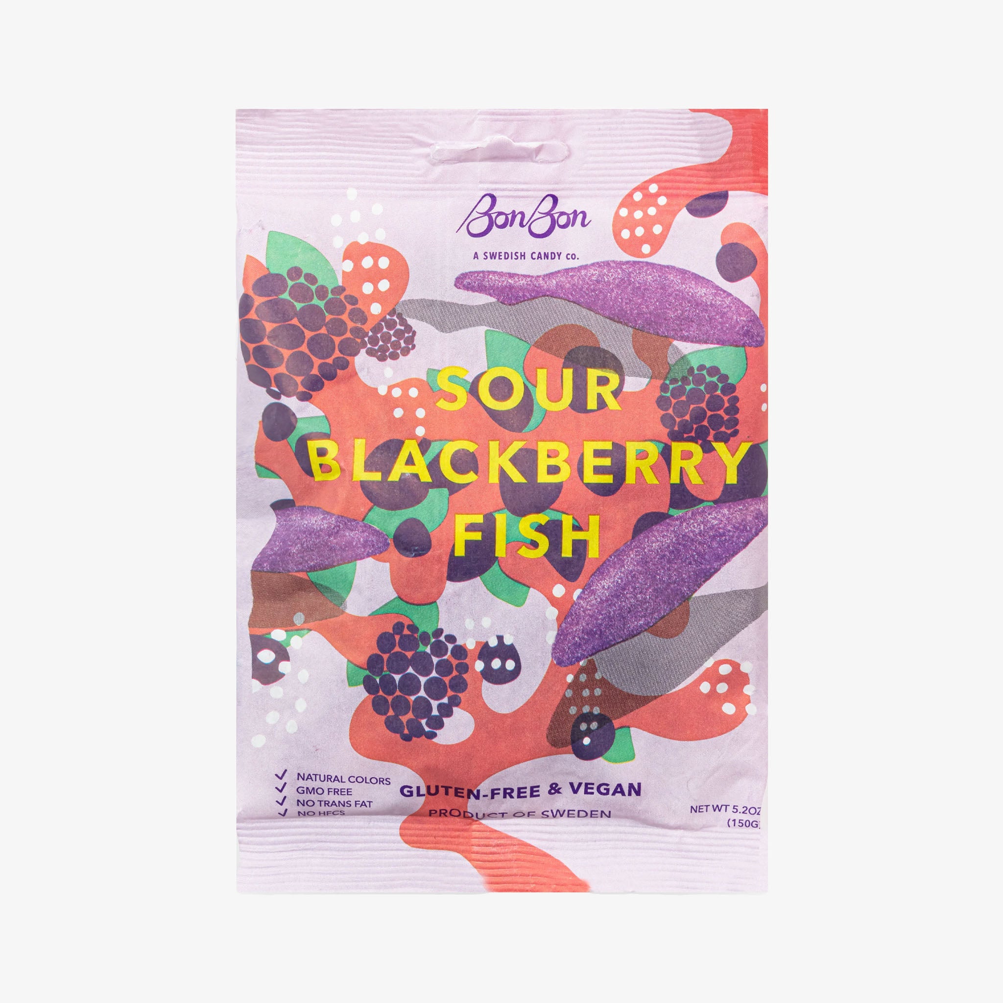 Purple Bag of Bon Bon Swedish Fish in Sour Blackberry on a white background