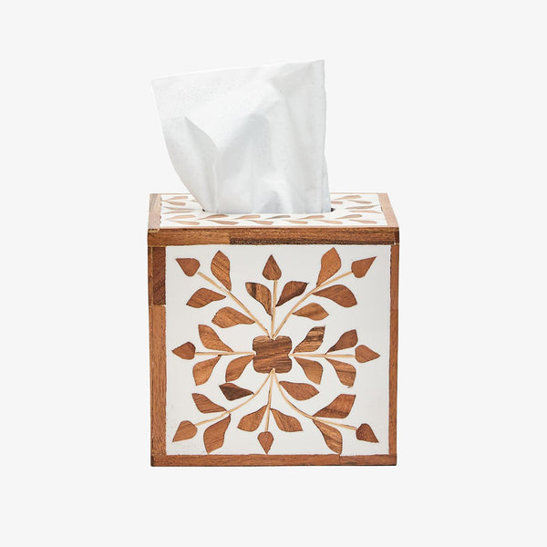 Bone inlay tissue box with acacia wood and bone floral design on a white background