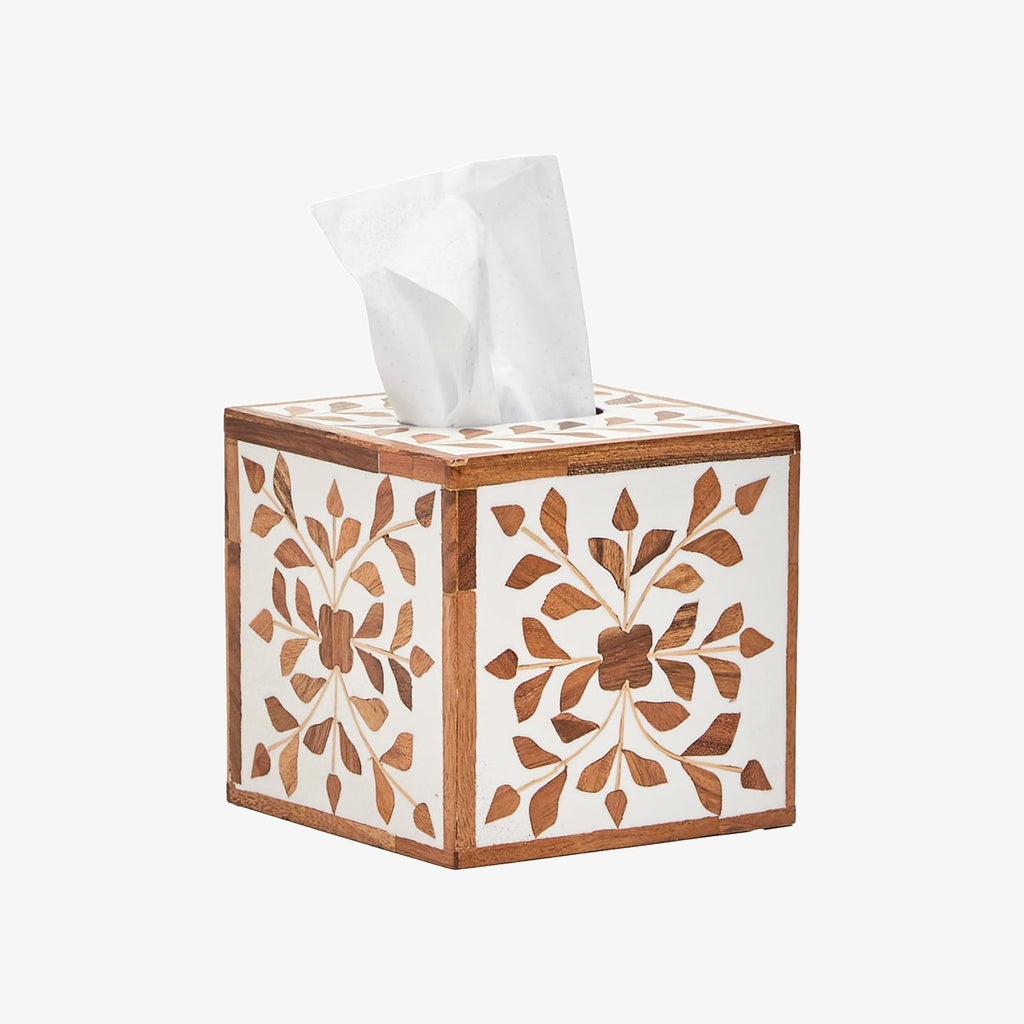 Bone inlay tissue box with acacia wood and bone floral design on a white background