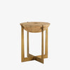 Round rustic wood end table with brass toned iron frame base on a white background