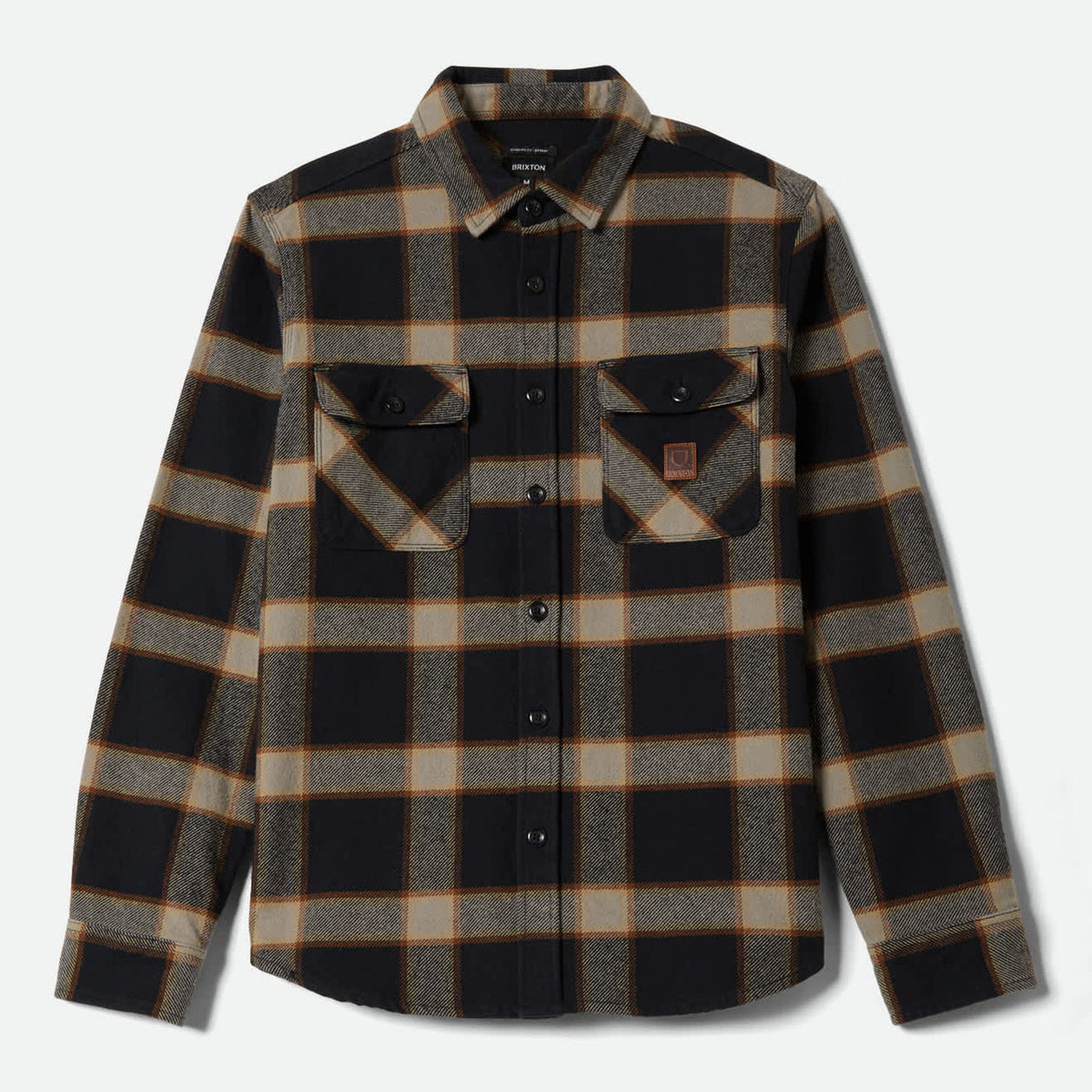 Brixton Men's Bowery Flannel in Black & Cream on plain background.