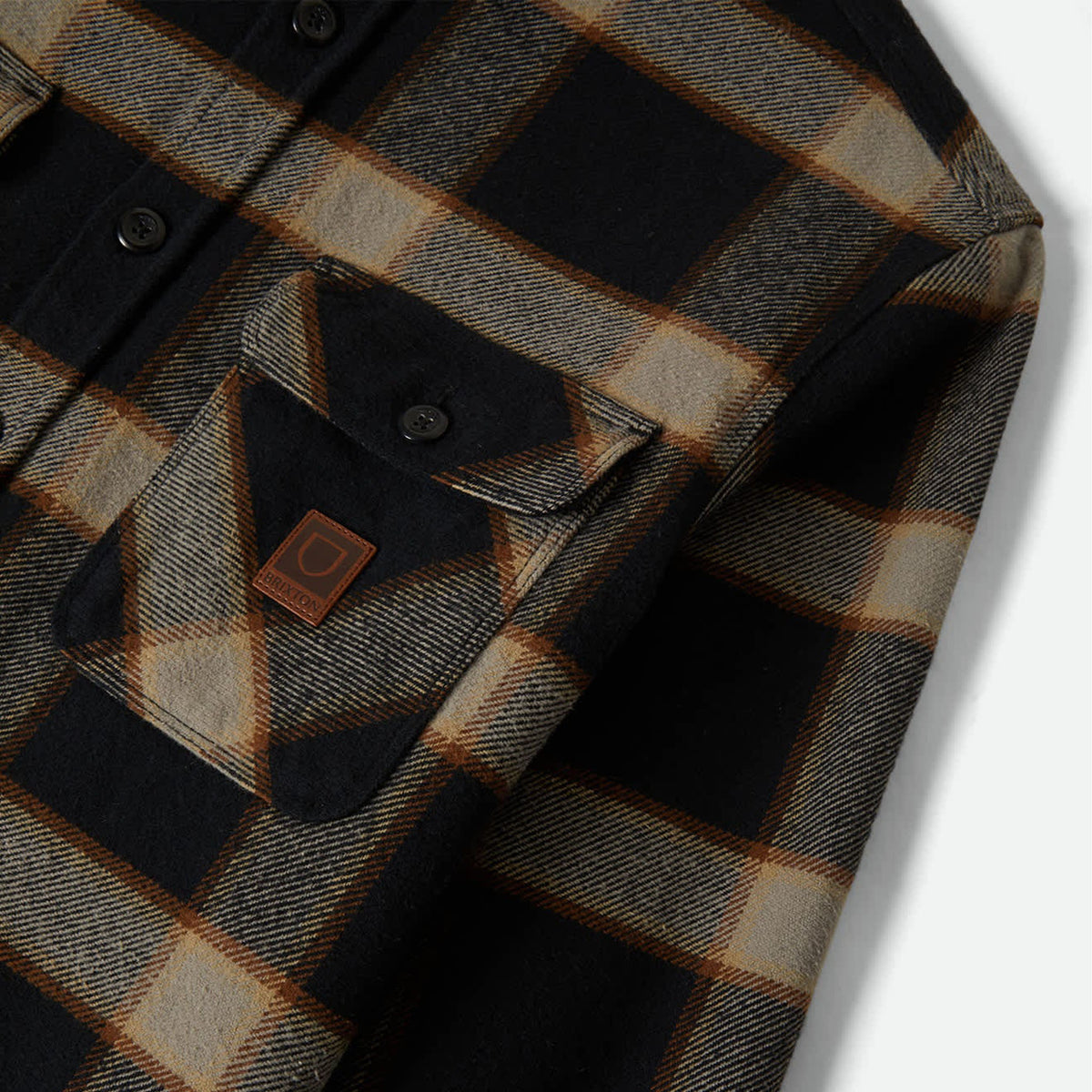 Brixton Men's Bowery Flannel in Black & Cream on plain background.