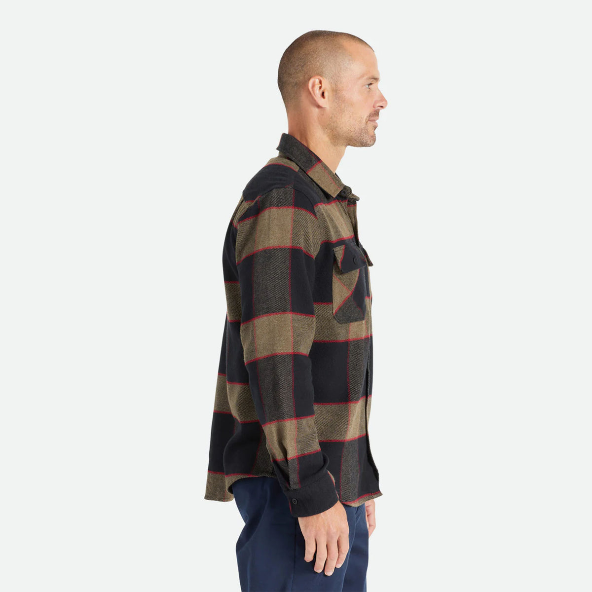 Male model wearing Brixton Men's Bowery Flannel in Heather Grey & Charcoal on plain background.