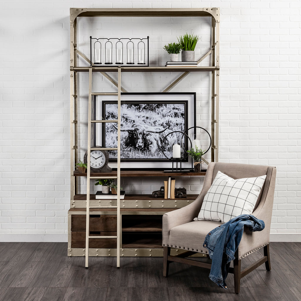 Brodie Light Brown Wood Nickle Ladder Four Shelf Shelving Unit in an industrial farmhouse living room