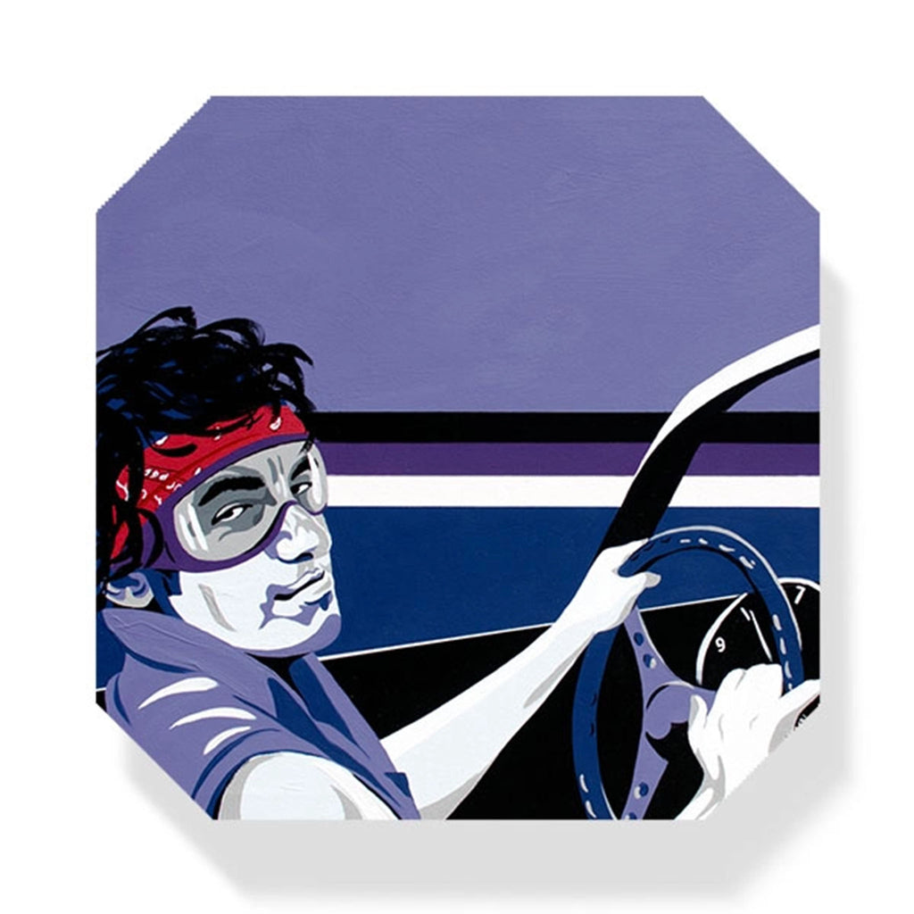 Square coaster with illustration of Bruce Springsteen wearing ski goggles by Shannon Henn on a white background