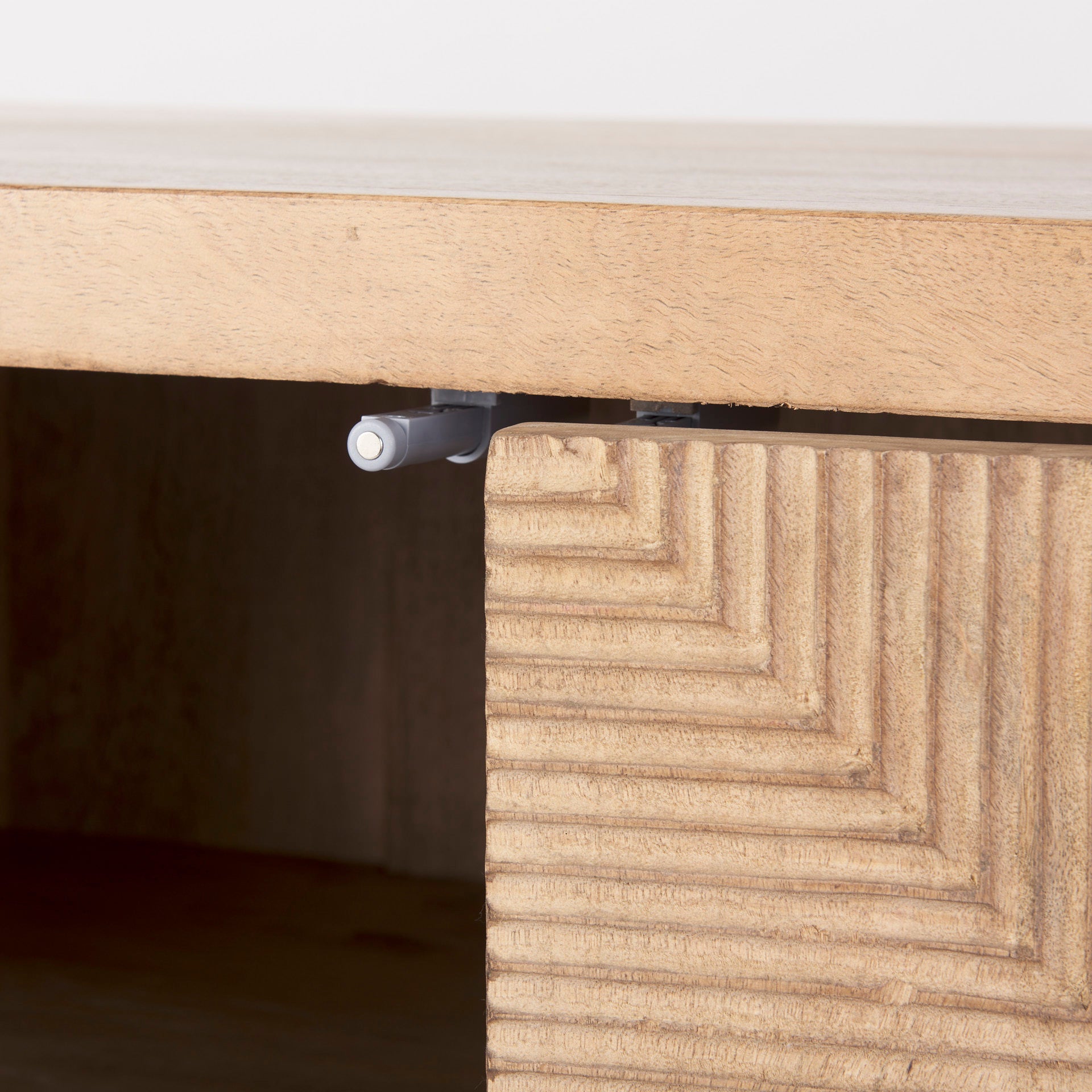 Close up of Cairo 78x19 Brown Solid Wood Black Metal Base 4 Door Cabinet Sideboard on a white background
