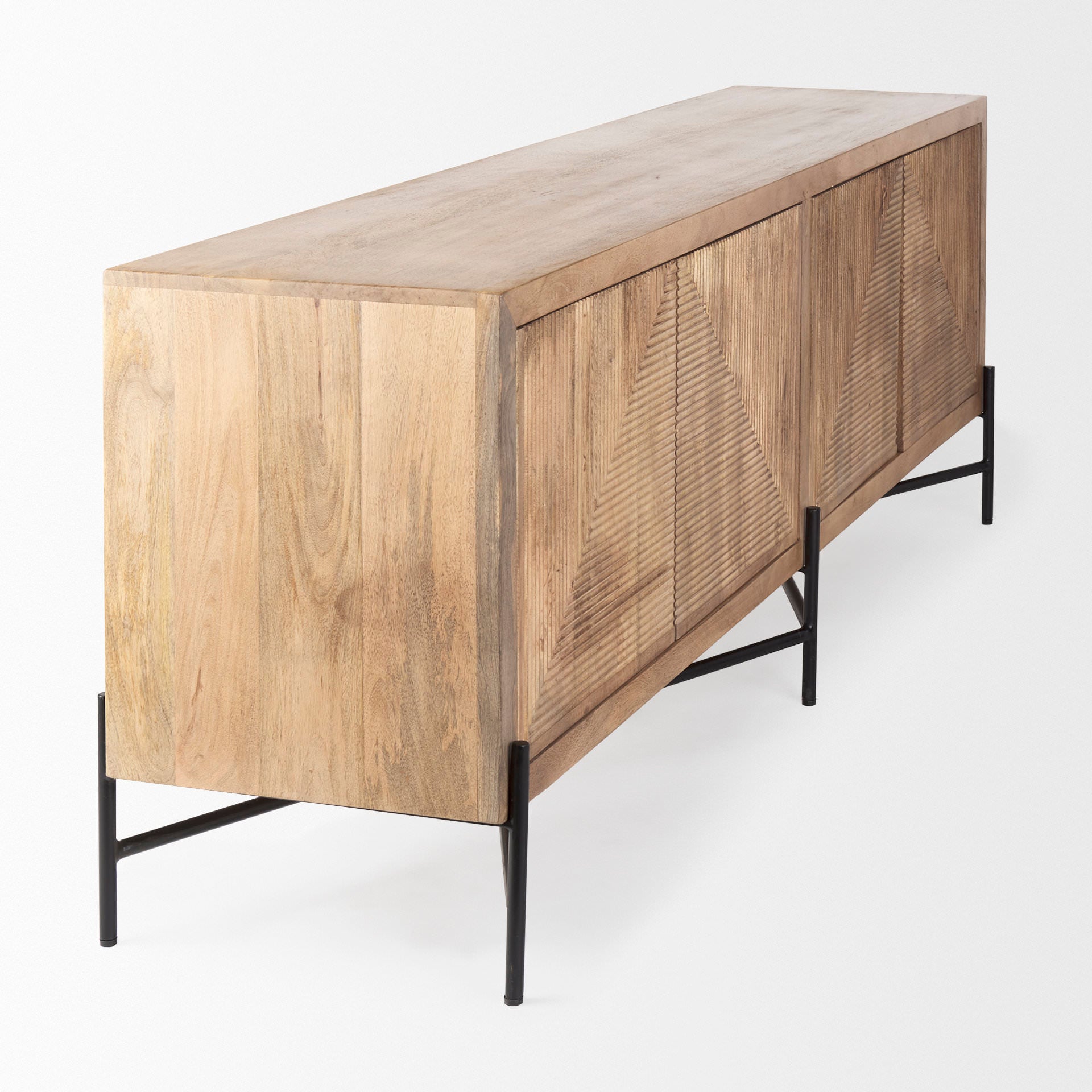 Cairo 78x19 Brown Solid Wood Black Metal Base 4 Door Cabinet Sideboard on a white background