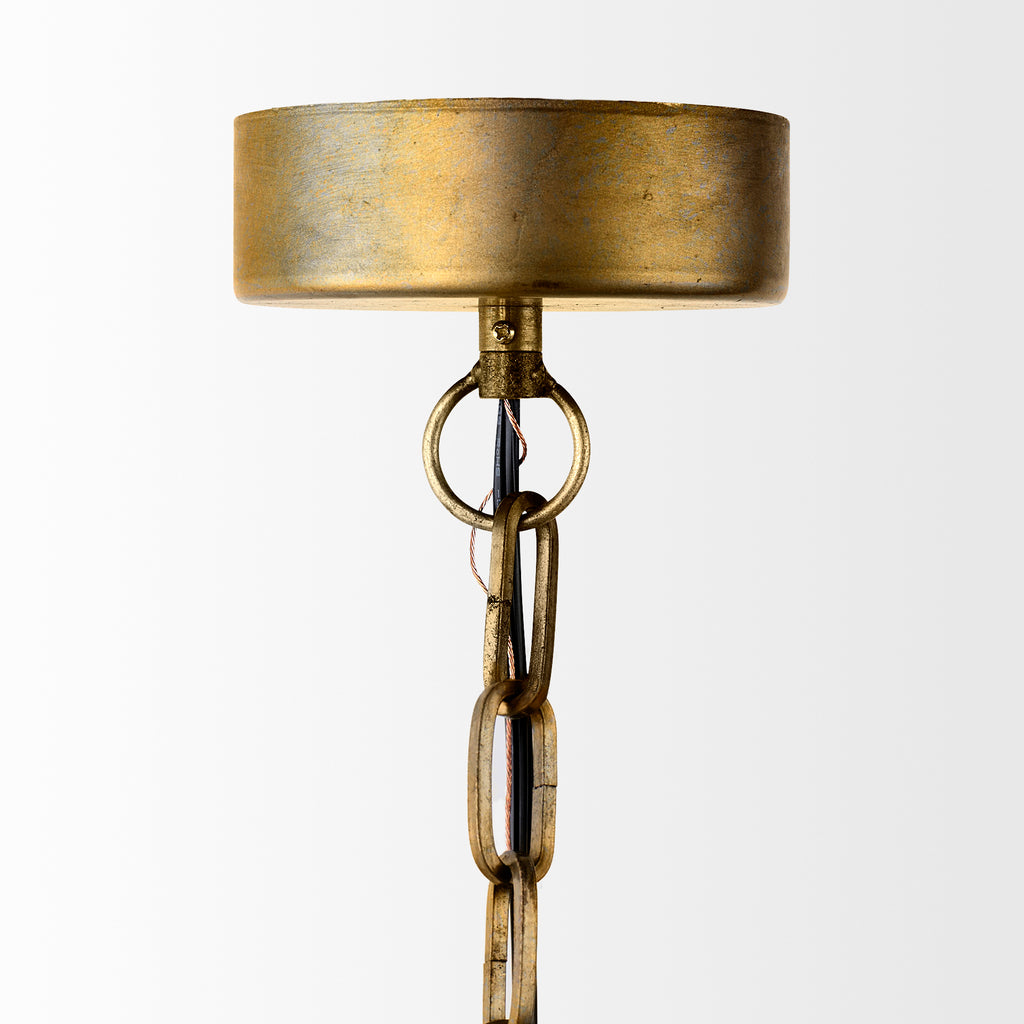 Close up of Capsa 17x29 Antique Gold and Silver Toned Metal Dome Pendant Light on a white background