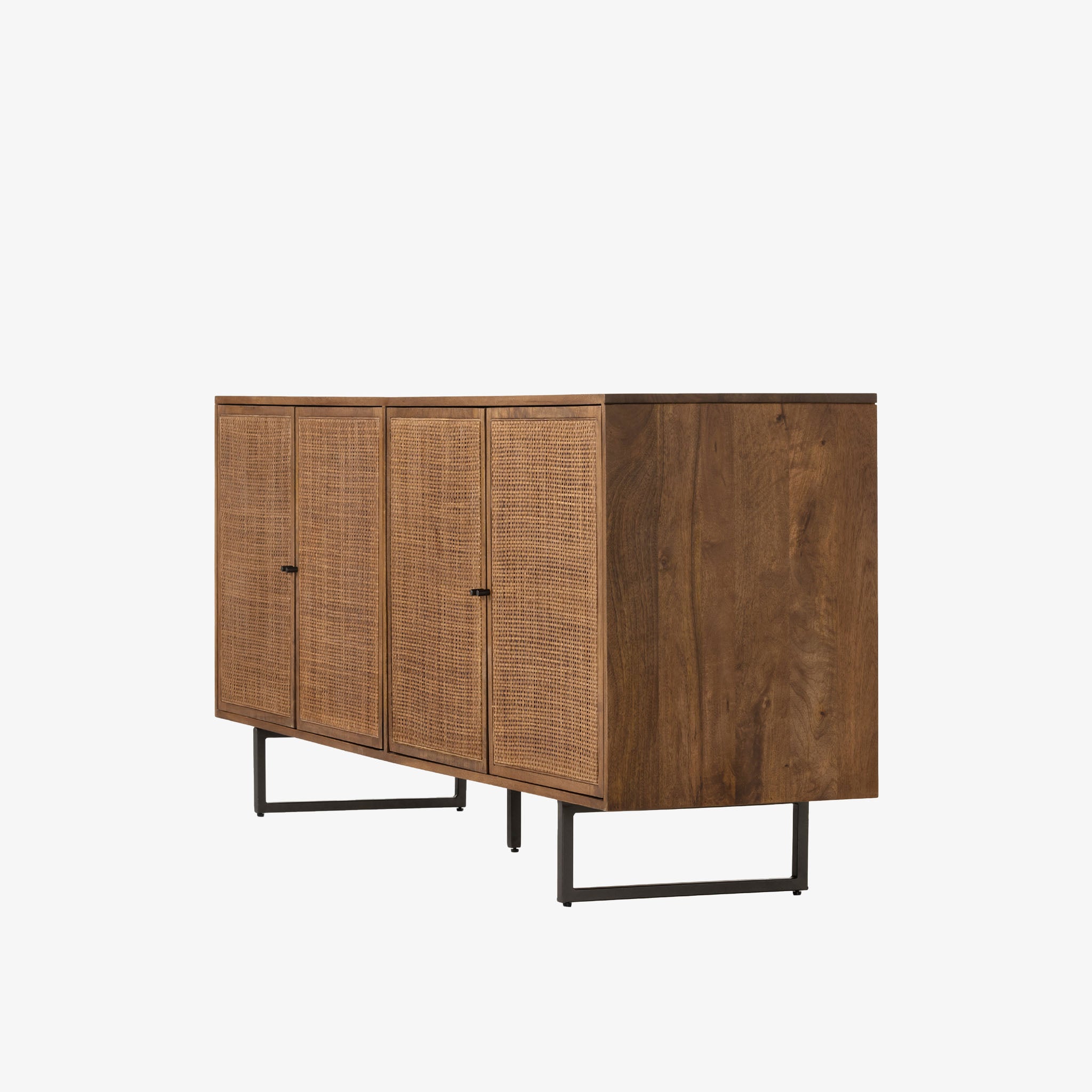 Four Hands furniture brand Carmel side board with four cane doors and metal legs. on a white background