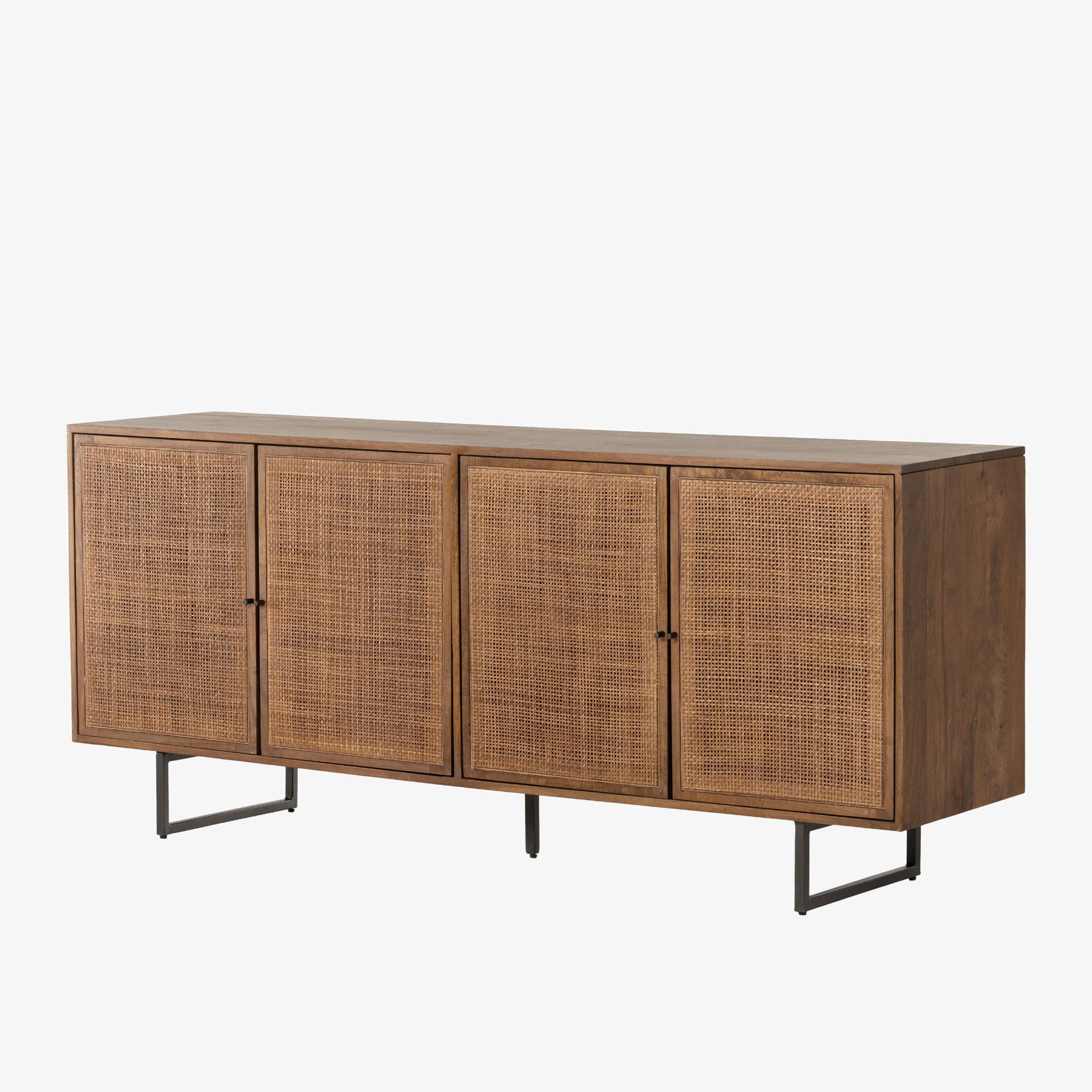 Four Hands furniture brand Carmel side board with four cane doors and metal legs. on a white background